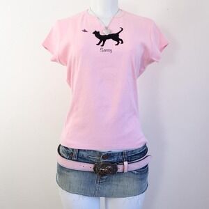 y2k pink cat graphic baby tee sassy velvet print coquette top